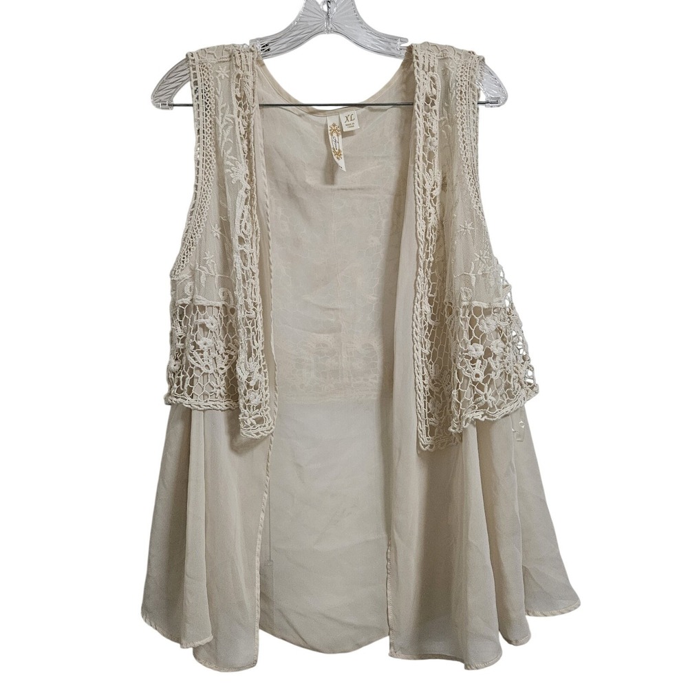 Adiva Vest Women XL Cream Crochet Lace Chiffon Open Front Boho Sleeveless Sheer